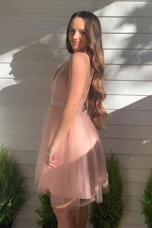 Weitese Dress A-Line Blush Deep V-Neck Tulle Homecoming Dress Sleeveless Open Back Party Dress